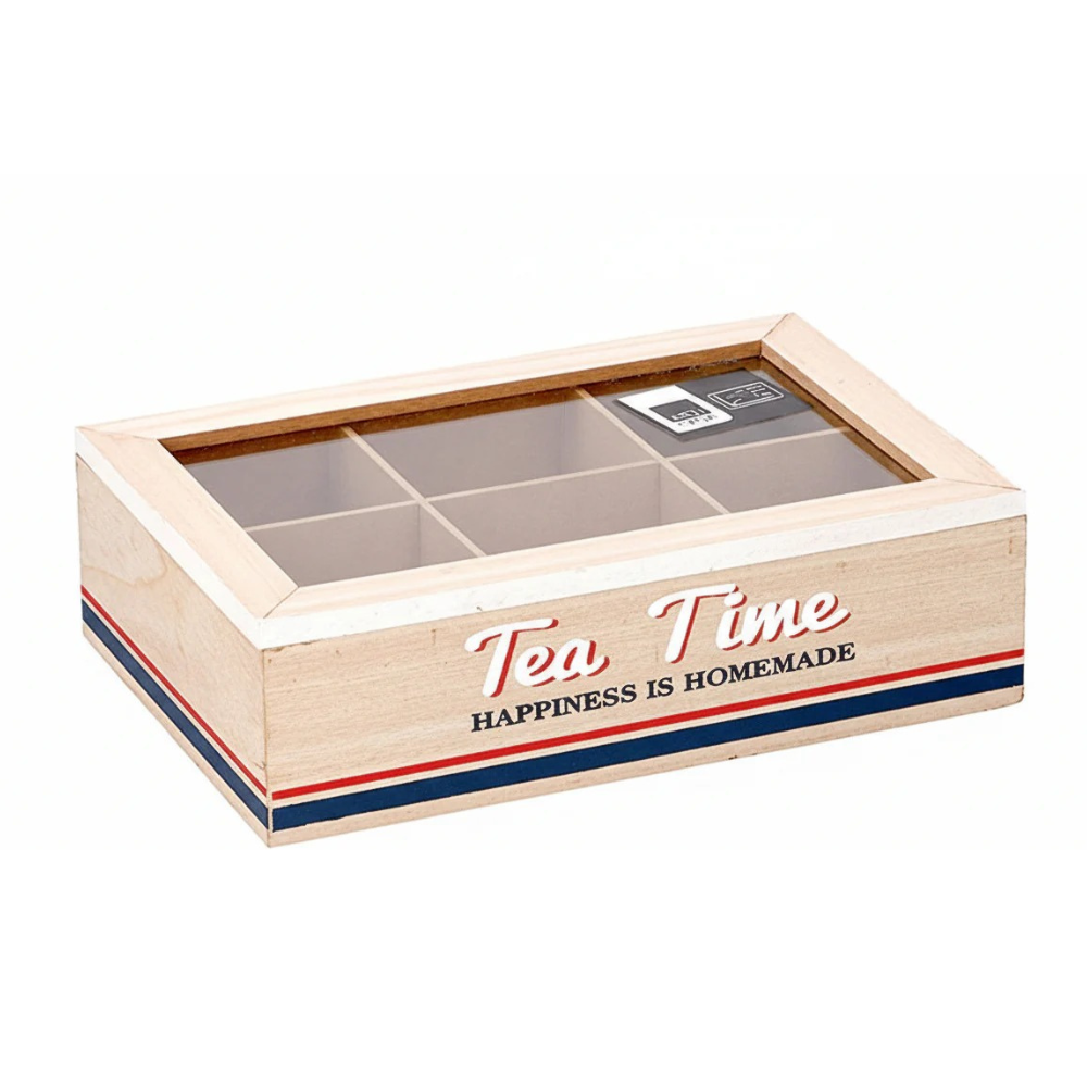 Scatola Porta Tè Legno Vetro 6 Scomparti Tea Time Vintage