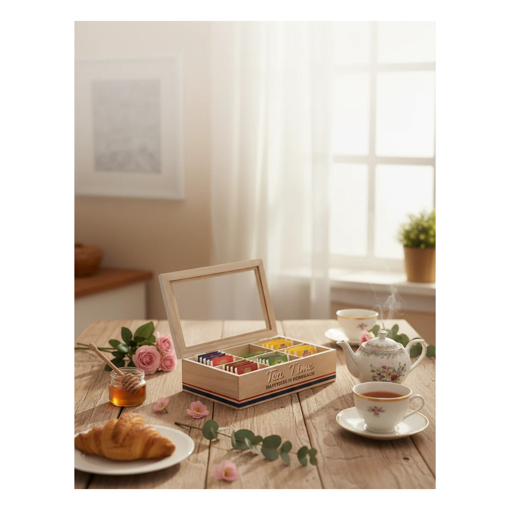 Scatola Porta Tè Legno Vetro 6 Scomparti Tea Time Vintage
