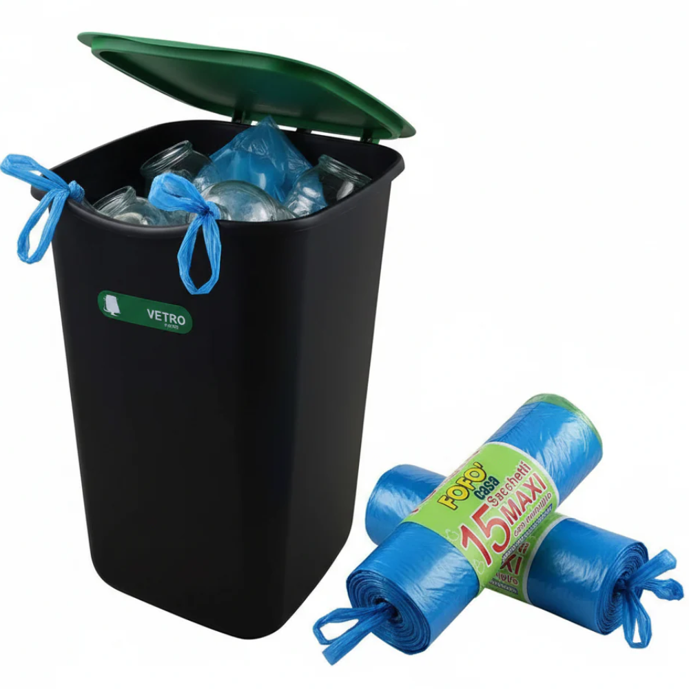 Set of 3 Closed Waste Bins for Separate Waste Collection, 50 Lt plus Free 50 Lt Bin for Unsorted Waste with 30 Bags with Handles, Maxi Size 70x75 cm