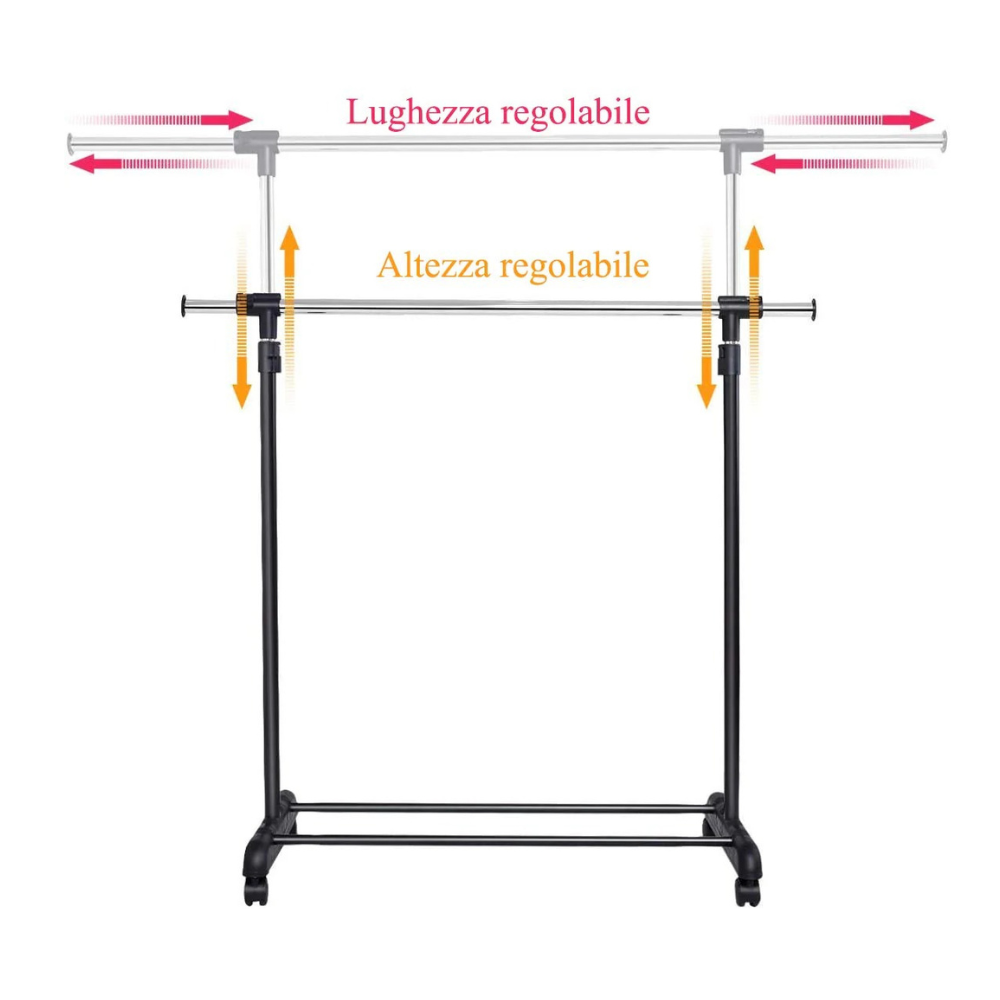 Appendiabiti su Ruote Estensibile con Portascarpe – Acciaio e Plastica – Nero
