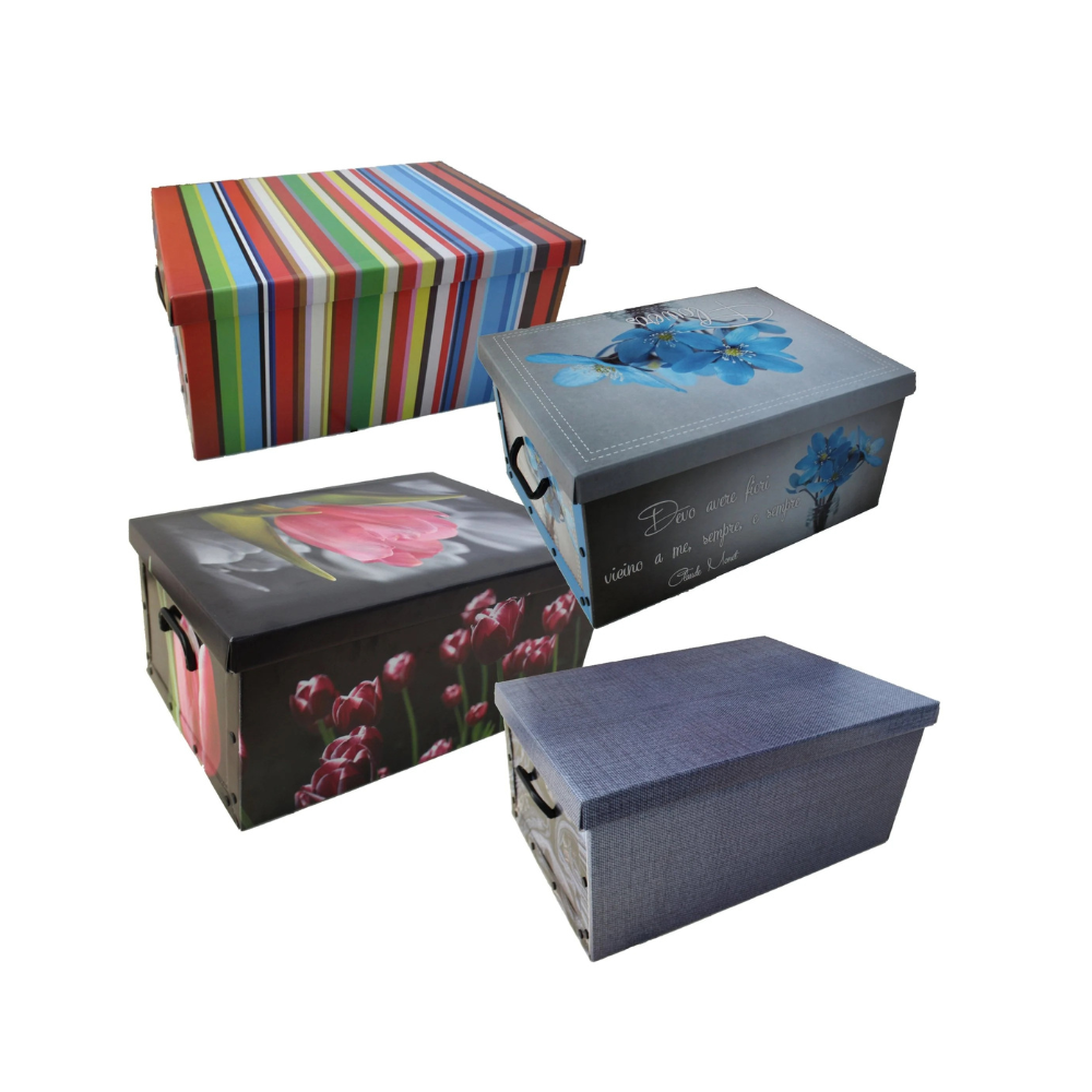 LOT DE 4 BOÎTES DE CONTENTION EN CARTON GAIN DE PLACE 50 X 40 X 25 CM POUR LINGE, OBJETS OU VÊTEMENTS