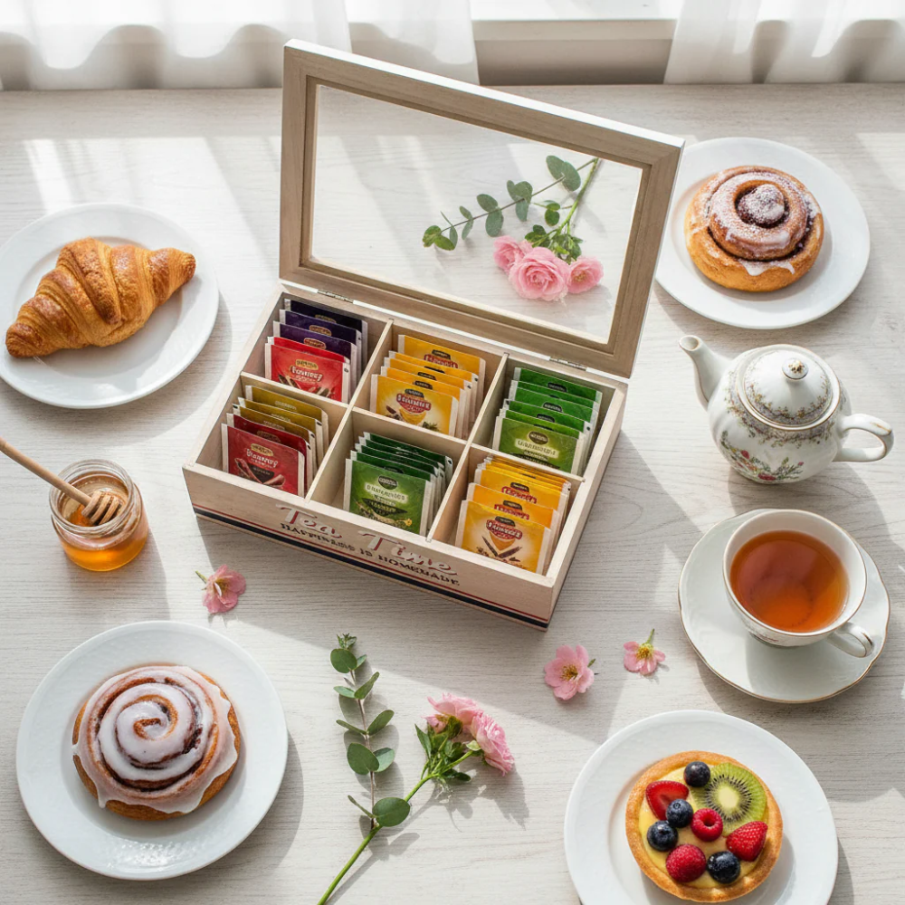 Scatola Porta Tè Legno Vetro 6 Scomparti Tea Time Vintage