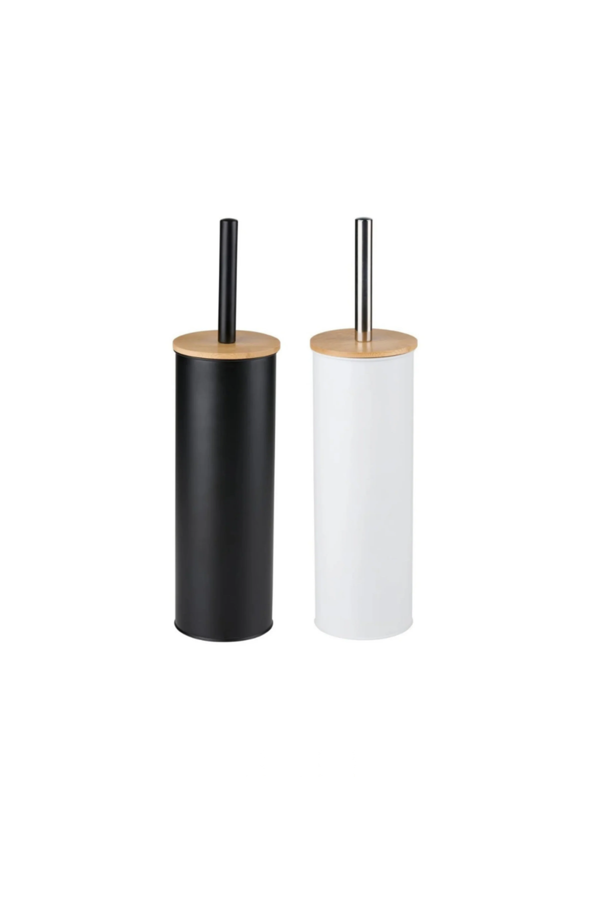 Scopino WC con Portascopino in Plastica e Tappo in Bambù, Set Bagno Moderno Minimal, Nero e Bianco