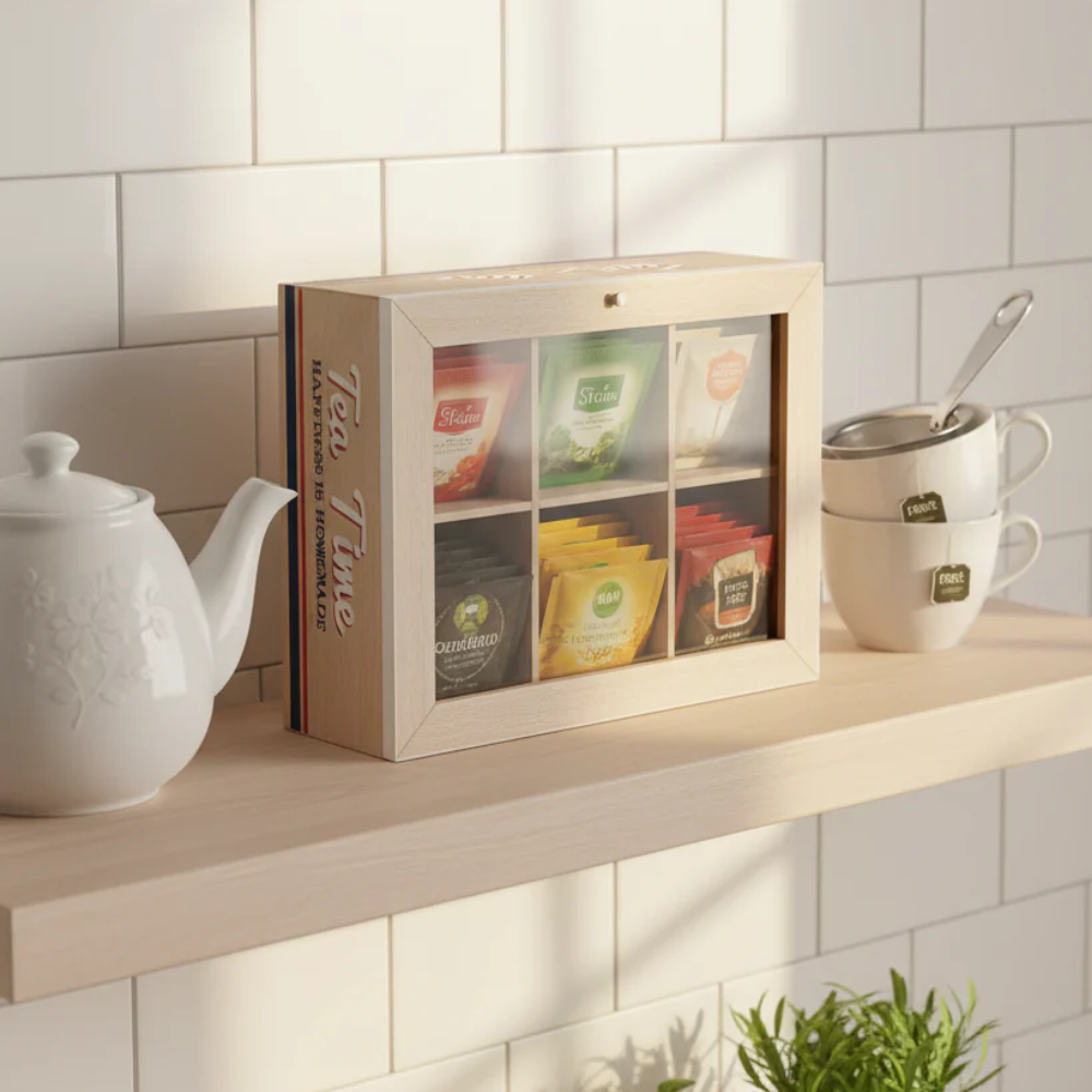 Scatola Porta Tè Legno Vetro 6 Scomparti Tea Time Vintage