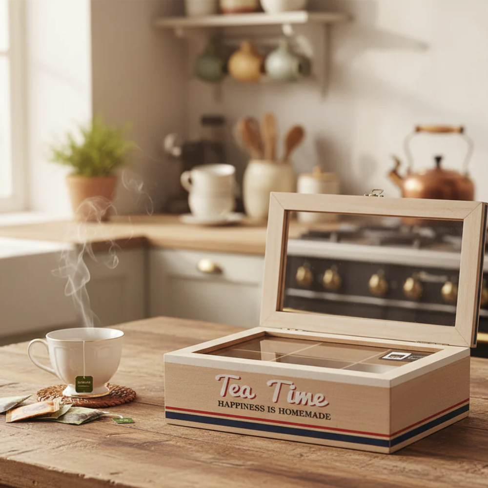 Scatola Porta Tè Legno Vetro 6 Scomparti Tea Time Vintage