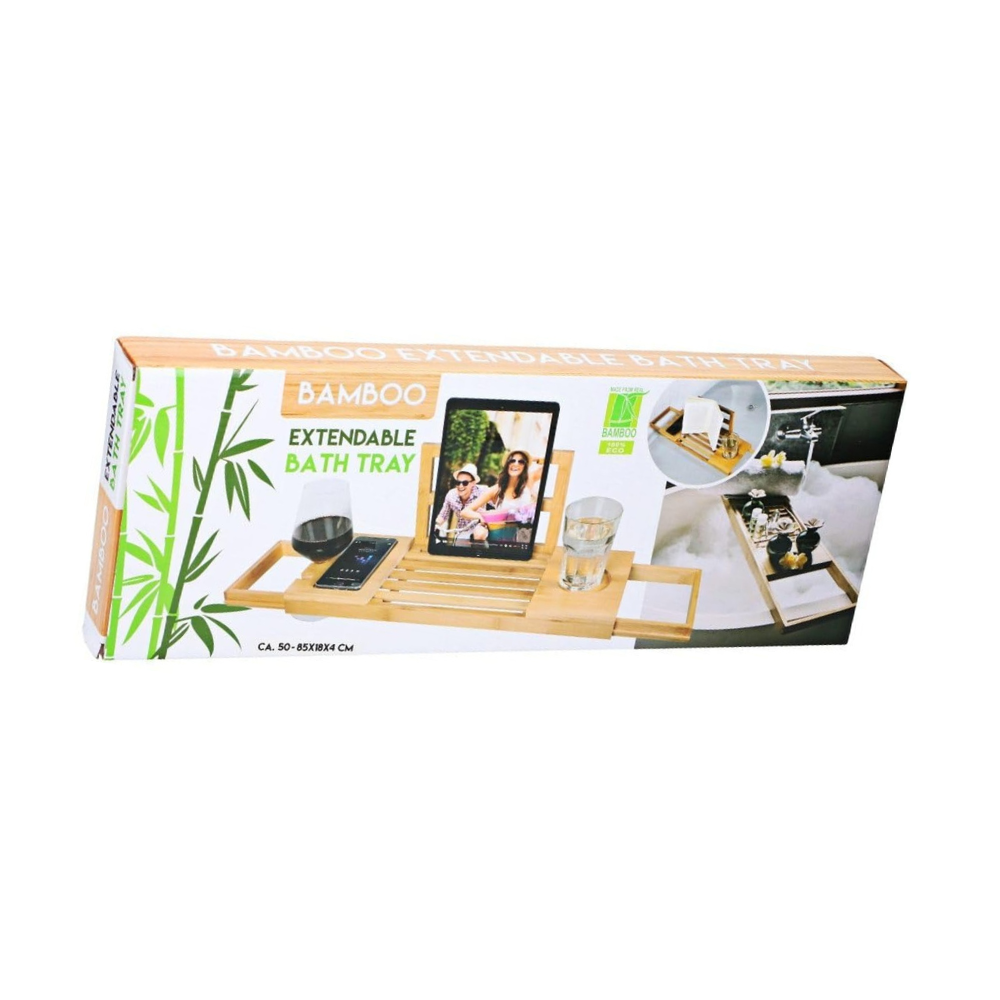 Plateau de baignoire ajustable Alpina - Plateau de rangement 50-92 x 18 x 4 cm - Meuble de salle de bain en bambou avec porte-livres et support pour tablette - Porte-gobelet inclus - Accessoires de salle de bain
