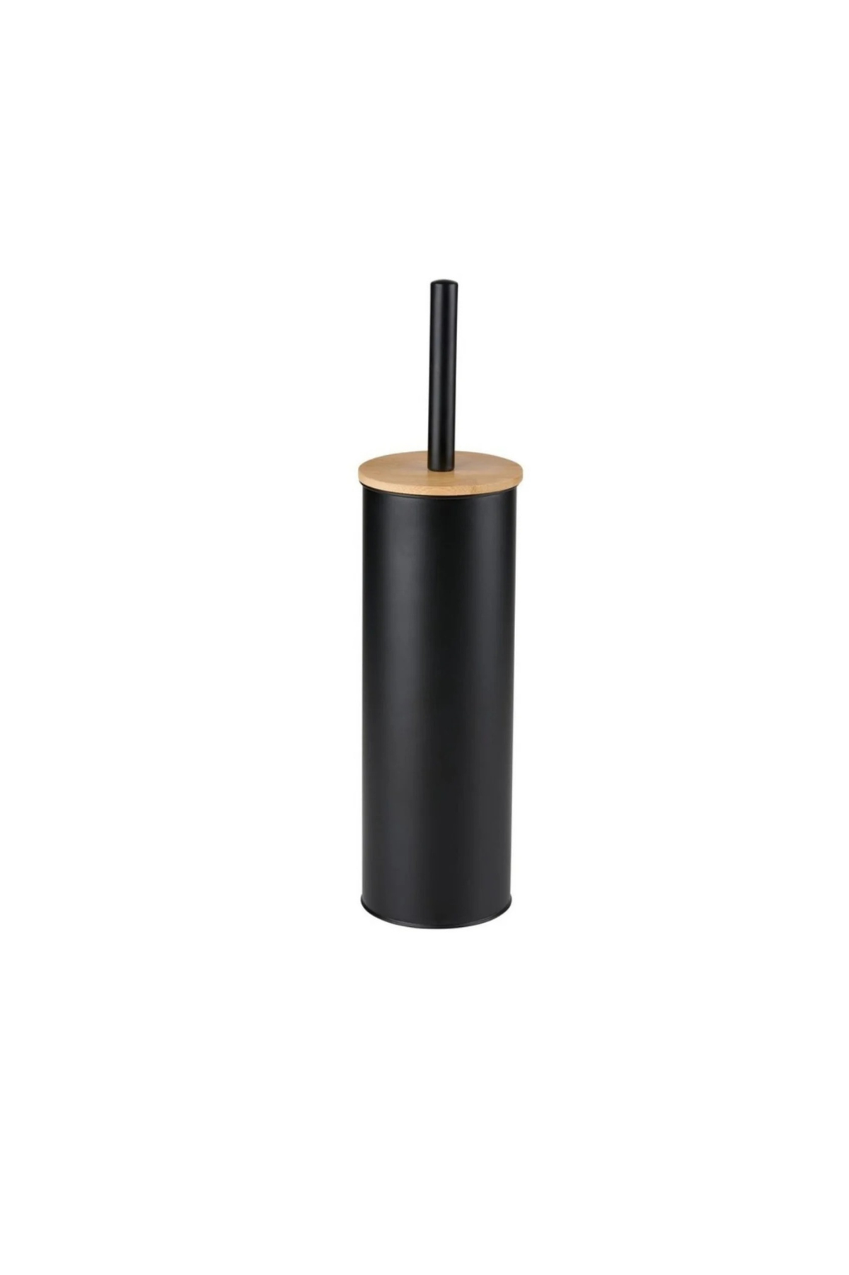Scopino WC con Portascopino in Plastica e Tappo in Bambù, Set Bagno Moderno Minimal, Nero e Bianco