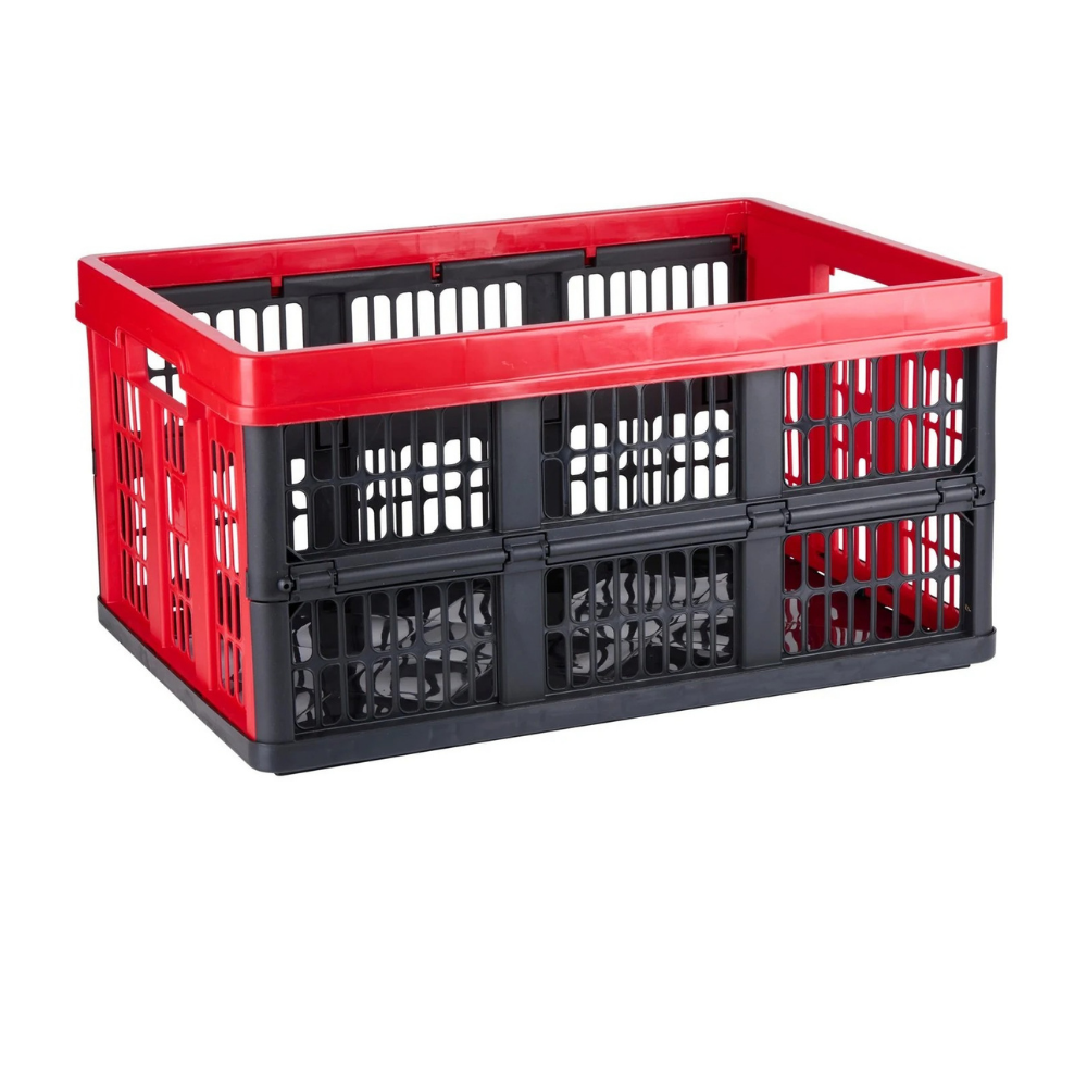Cassetta Plastica PP Pieghevole 45 Litri | 53×37×27 cm | Maniglie | Lati Ventilati | Rosso e Nero