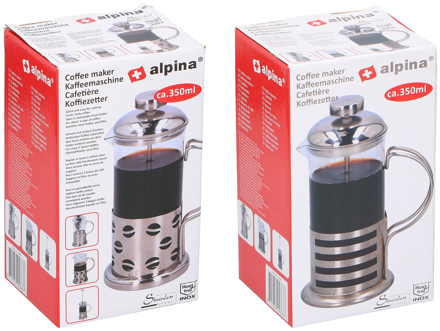 Caffettiera Francese 350ml Alpina - French Press Acciaio Inox e Vetro - Coffee Maker Plunger