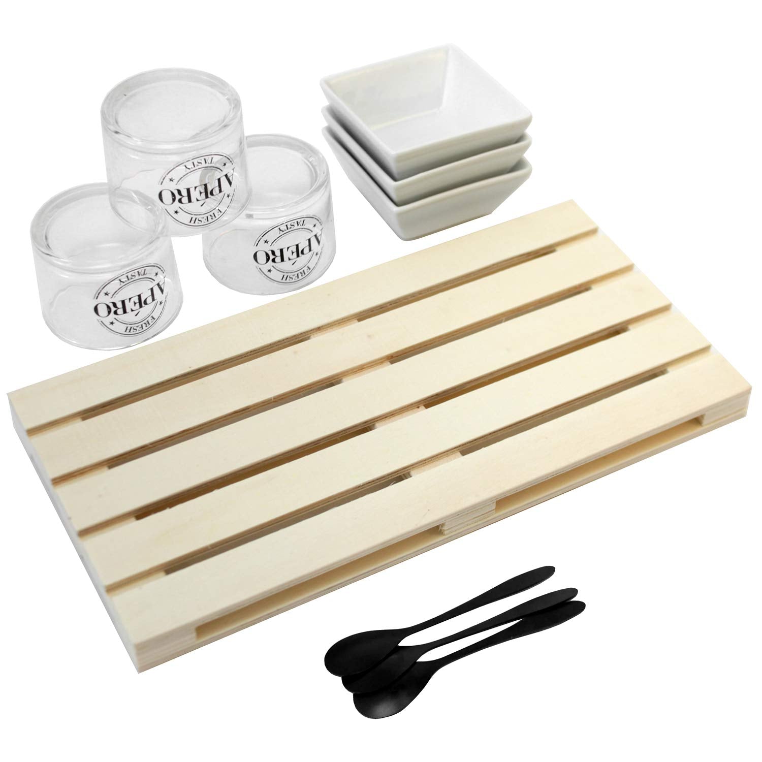 Set 10 Antipasti con Vassoio Legno Bicchieri Vetro Ciotole Ceramica - Alpina
