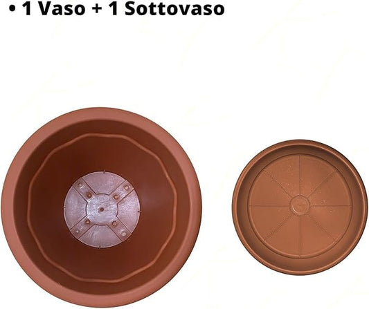 Vaso Rotondo per Fiori Piante + Sottovaso, Plastica Color Terracotta, con Fori di Drenaggio, Resistente agli UV - Esterno Giardino Balcone Terrazzo, Made in Italy