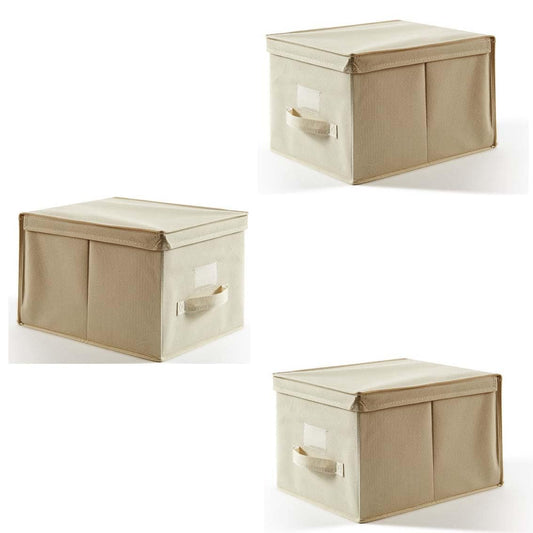 Lot de 3 boîtes de rangement avec couvercles, pliables et munies de poignées, idéales pour ranger vêtements et jouets. En tissu non tissé, elles sont disponibles en plusieurs tailles et couleurs.