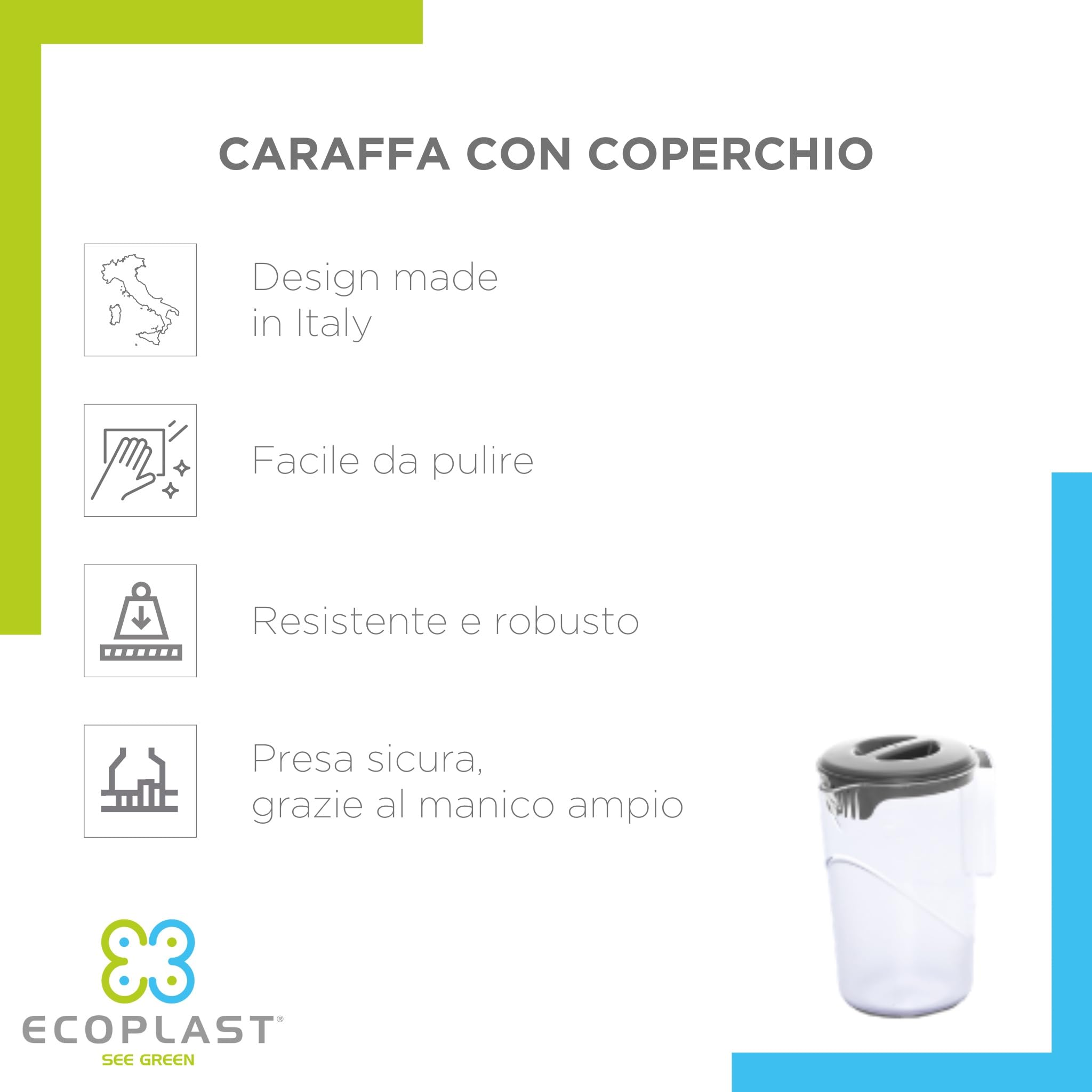 Carafe en plastique de 1,5 L avec couvercle - Carafe colorée Ecoplast pour eau et boissons