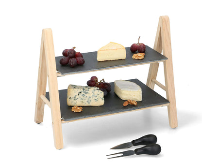 Supporto Portata 2 Piani Ardesia e Legno Alpina 28x18cm - Vassoio Antipasti Snack Dolci