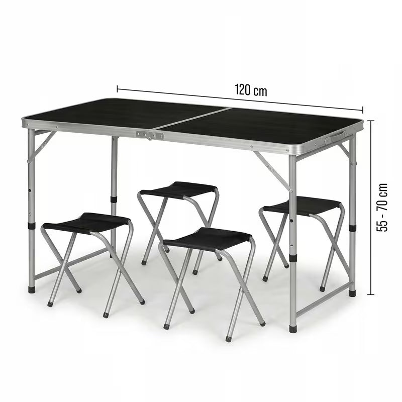 Set Tavolo Pieghevole 5in1 con 4 Sedie | Altezza Regolabile 3 Livelli | Campeggio, Picnic, Giardino | Nero