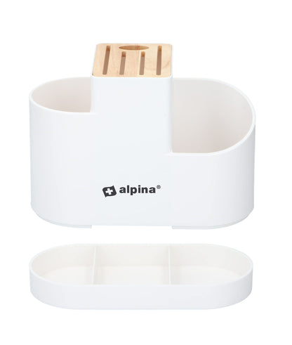 Organisateur de cuisine Alpina : bloc à couteaux et porte-ustensiles – Plastique/Bambou – Blanc