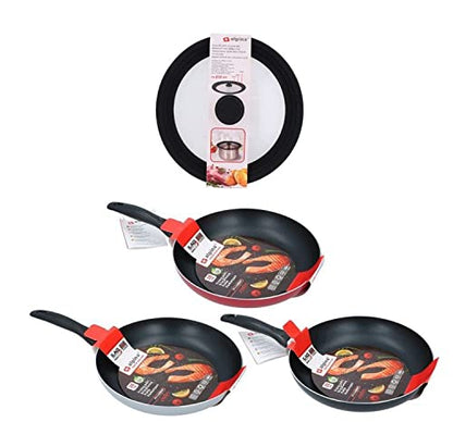 SET 4 PZ. PADELLE ANTIADERENTI CON COPERCHIO UNIVERSALE IN VETRO E SILICONE DIAM. 24/26/28 CM.