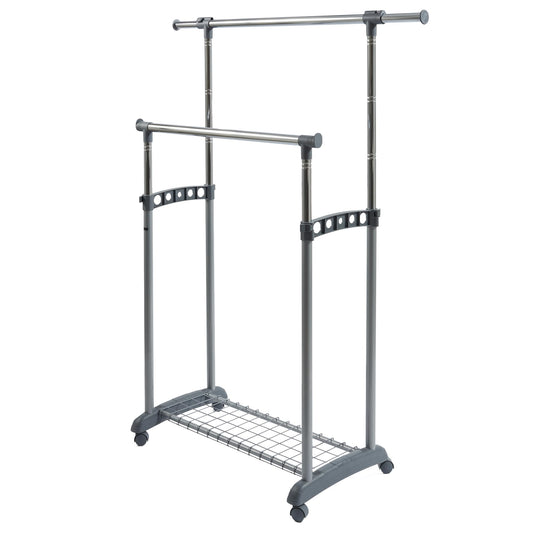 Perfect Plus Coat Rack, Coat Stand, Steder with Wheels - Gastone - Support Base and Extendable Tubes Adjustable in Length and Height, 88/138x44xh94/166 cm - 2 Bars, Ash Color
