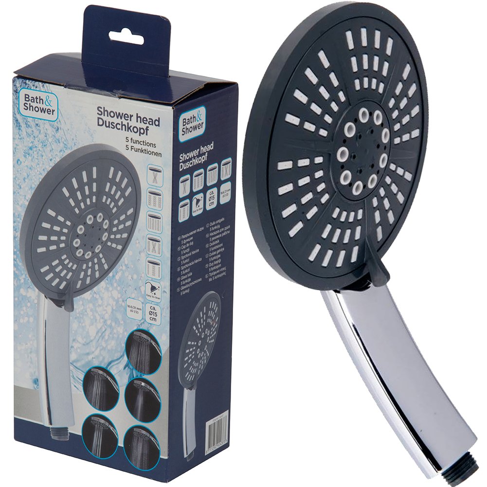 BAKAJI Tropical Shower Head Hand Shower Silver Chrome Diameter 15 cm Universal 5 Functions