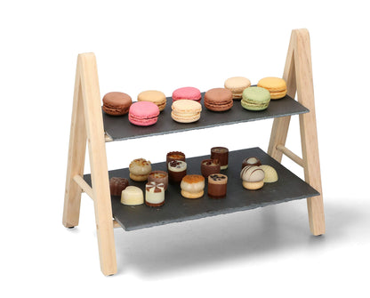 Supporto Portata 2 Piani Ardesia e Legno Alpina 28x18cm - Vassoio Antipasti Snack Dolci