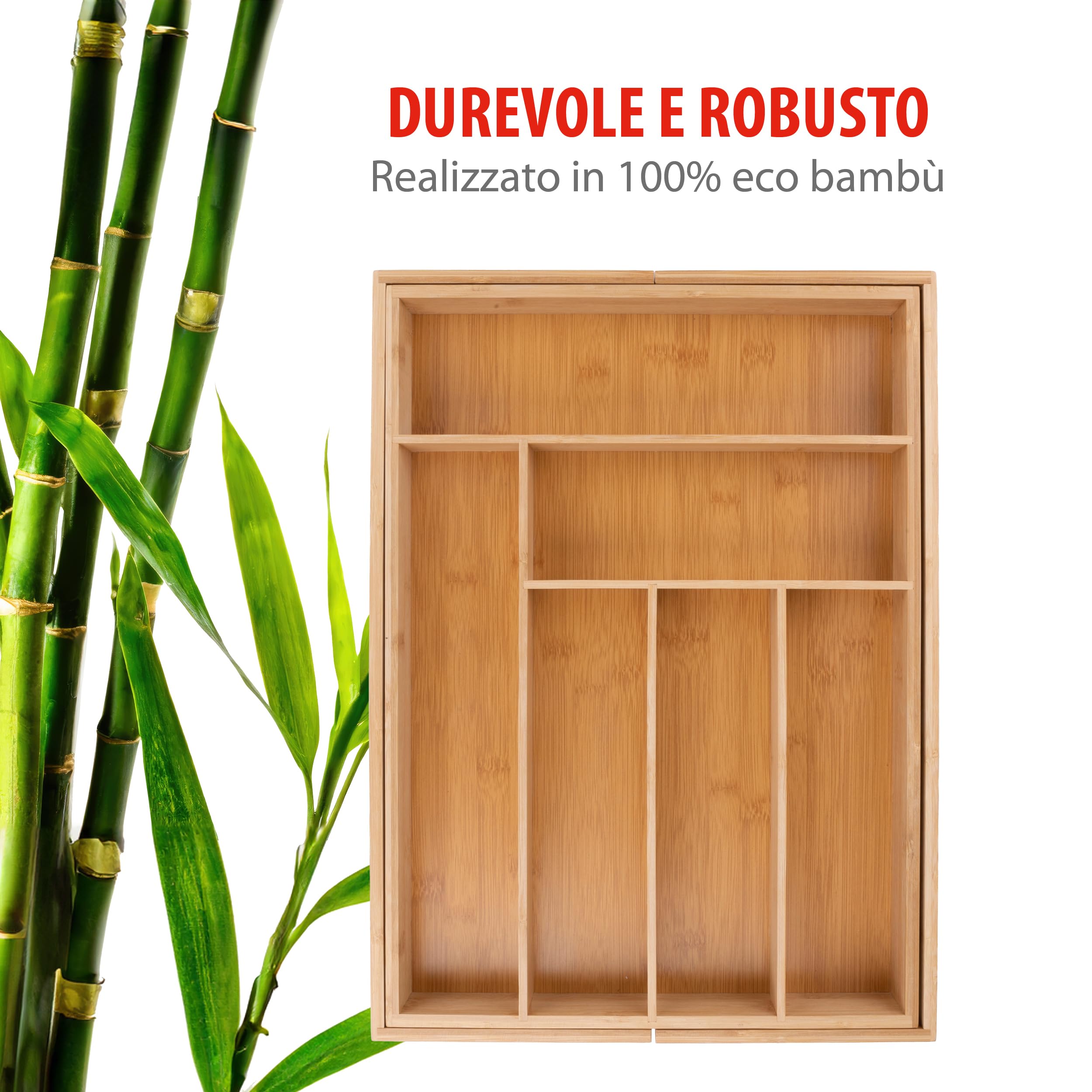 alpina Drawer Cutlery Tray - Expandable Kitchen Drawer Organizer 46 x 34-56.5 x 6 cm - Drawer Organizer with 6 to 8 Compartments - For Kitchen Utensils, Sunglasses and More - Bamboo