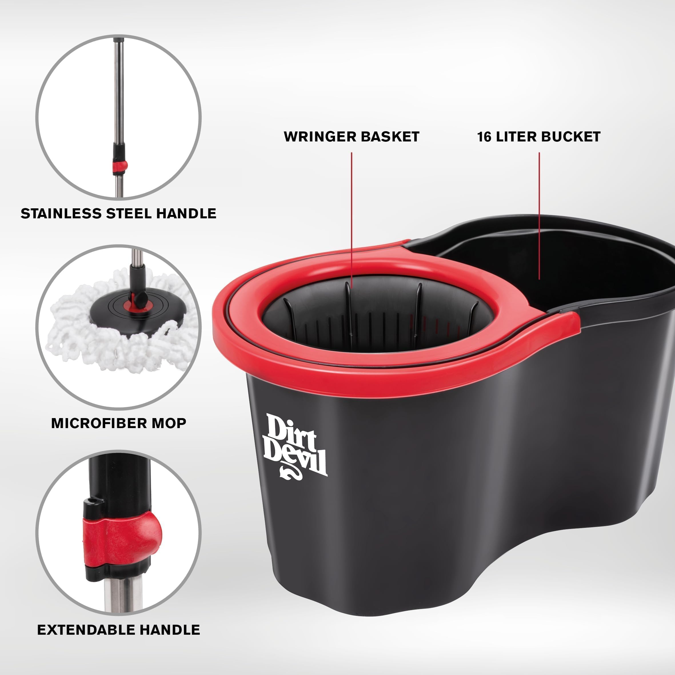 Dirt Devil Mop System with Wringer, 16L Bucket, Round Mop, Microfibre, Colour: Grey/Red