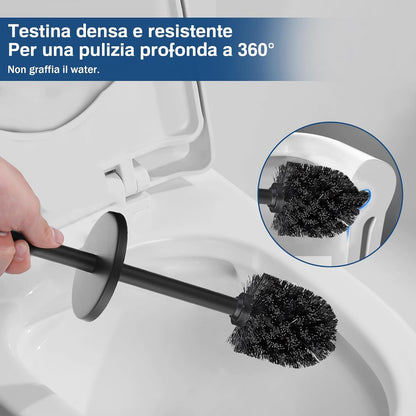 Portascopino WC da Terra Nero in Metallo Satinato - Setole Antigraffio Design Moderno