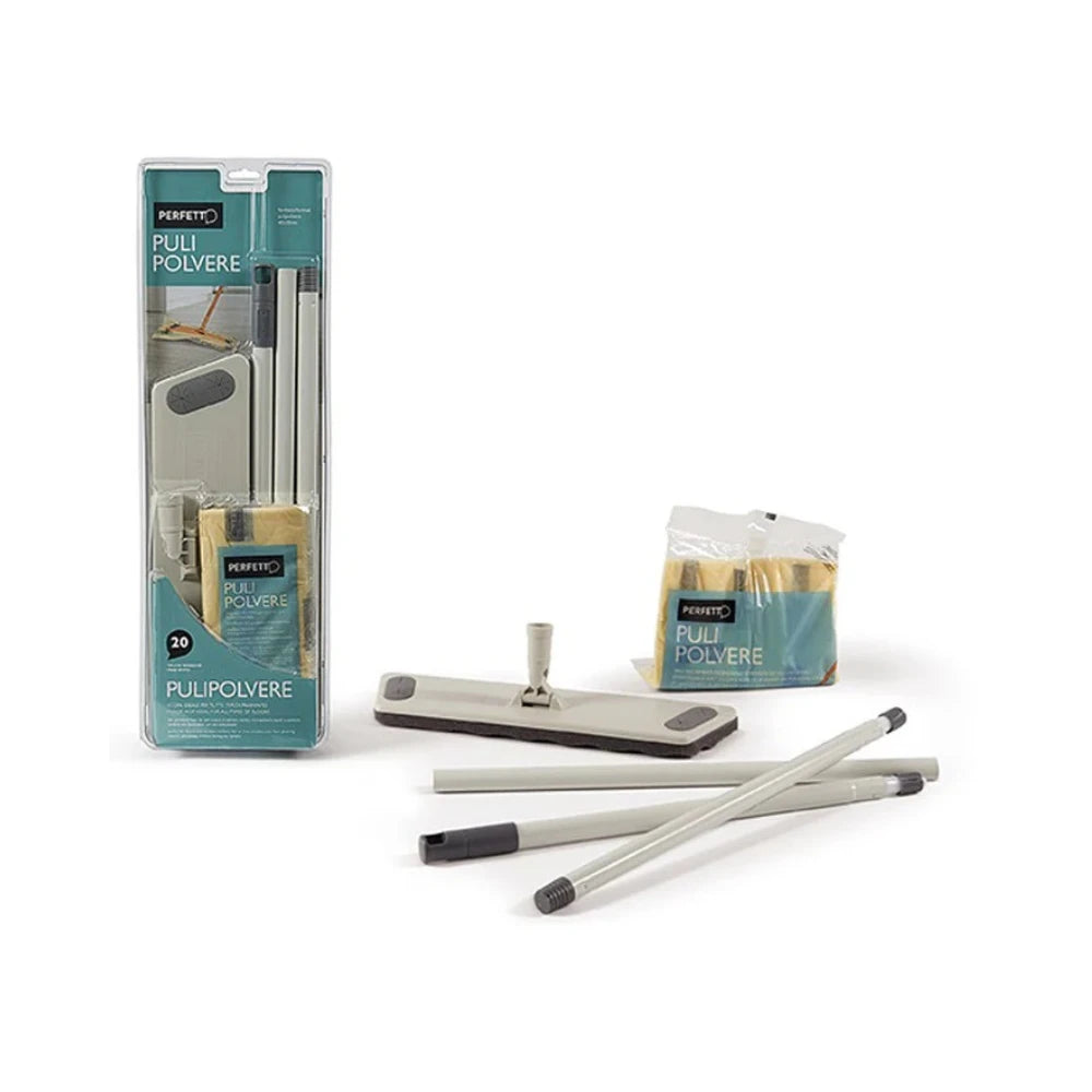 Perfect 0027As The Floor Broom Dust Cleaner with 3-Piece Handle 130cm, Base 40cm, Dust Catcher, with Bag of 20 Nets Soaked in Biodegradable Mineral Oils to Retain Dust
