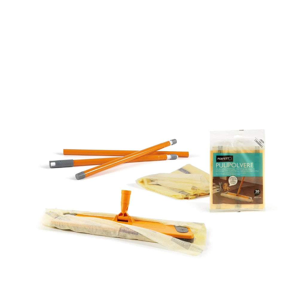 Perfect 0027As The Floor Broom Dust Cleaner with 3-Piece Handle 130cm, Base 40cm, Dust Catcher, with Bag of 20 Nets Soaked in Biodegradable Mineral Oils to Retain Dust