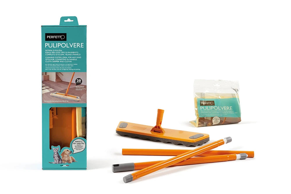 Perfect 0027As The Floor Broom Dust Cleaner with 3-Piece Handle 130cm, Base 40cm, Dust Catcher, with Bag of 20 Nets Soaked in Biodegradable Mineral Oils to Retain Dust