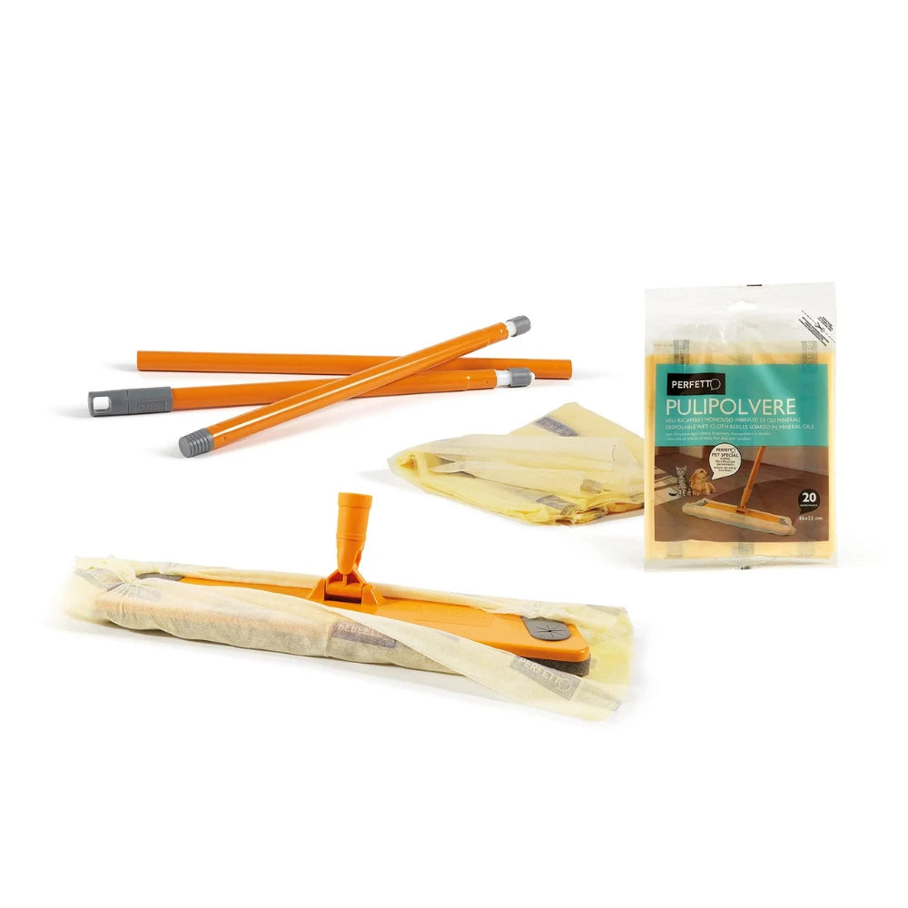 Perfect 0027As The Floor Broom Dust Cleaner with 3-Piece Handle 130cm, Base 40cm, Dust Catcher, with Bag of 20 Nets Soaked in Biodegradable Mineral Oils to Retain Dust