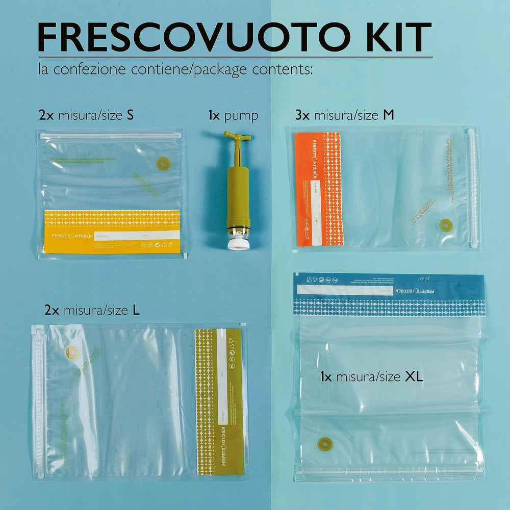 Kit Frescovuoto 8 Buste Riutilizzabili + Pompetta Manuale