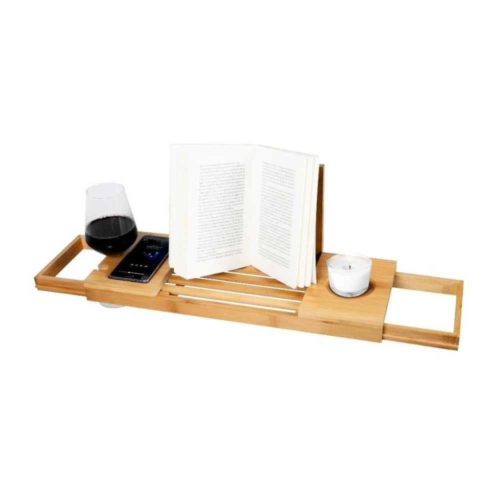 Plateau de baignoire ajustable Alpina - Plateau de rangement 50-92 x 18 x 4 cm - Meuble de salle de bain en bambou avec porte-livres et support pour tablette - Porte-gobelet inclus - Accessoires de salle de bain