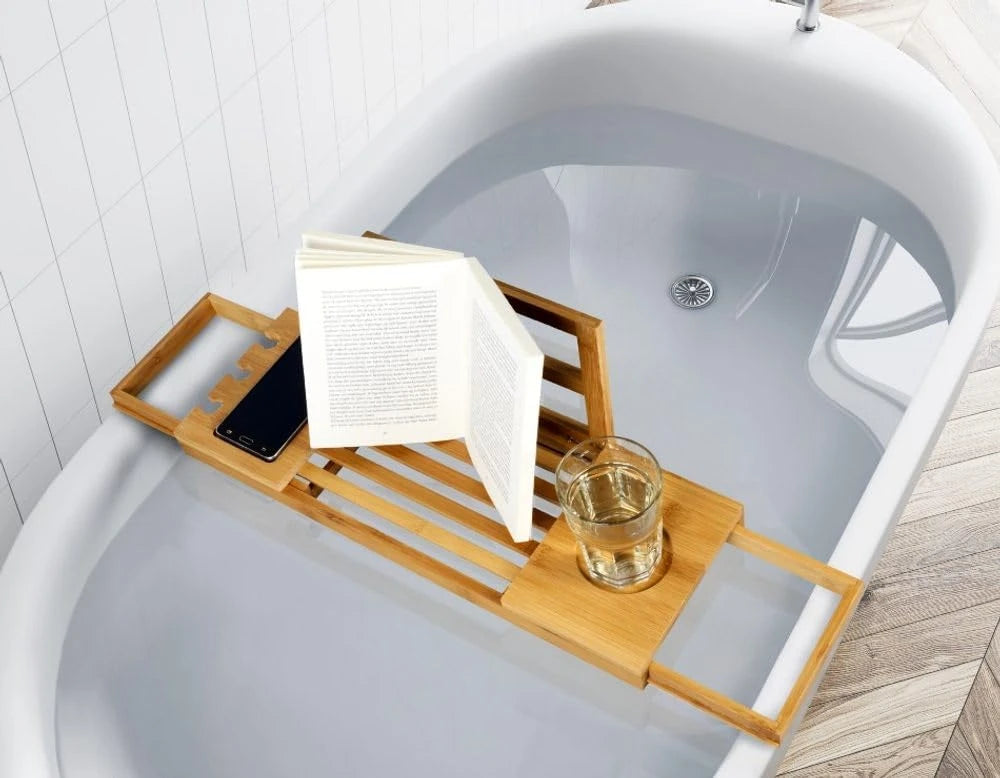 Plateau de baignoire ajustable Alpina - Plateau de rangement 50-92 x 18 x 4 cm - Meuble de salle de bain en bambou avec porte-livres et support pour tablette - Porte-gobelet inclus - Accessoires de salle de bain