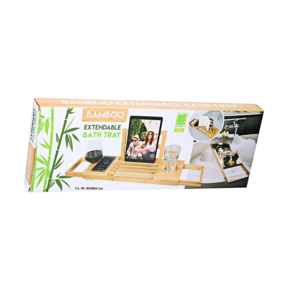Plateau de baignoire ajustable Alpina - Plateau de rangement 50-92 x 18 x 4 cm - Meuble de salle de bain en bambou avec porte-livres et support pour tablette - Porte-gobelet inclus - Accessoires de salle de bain