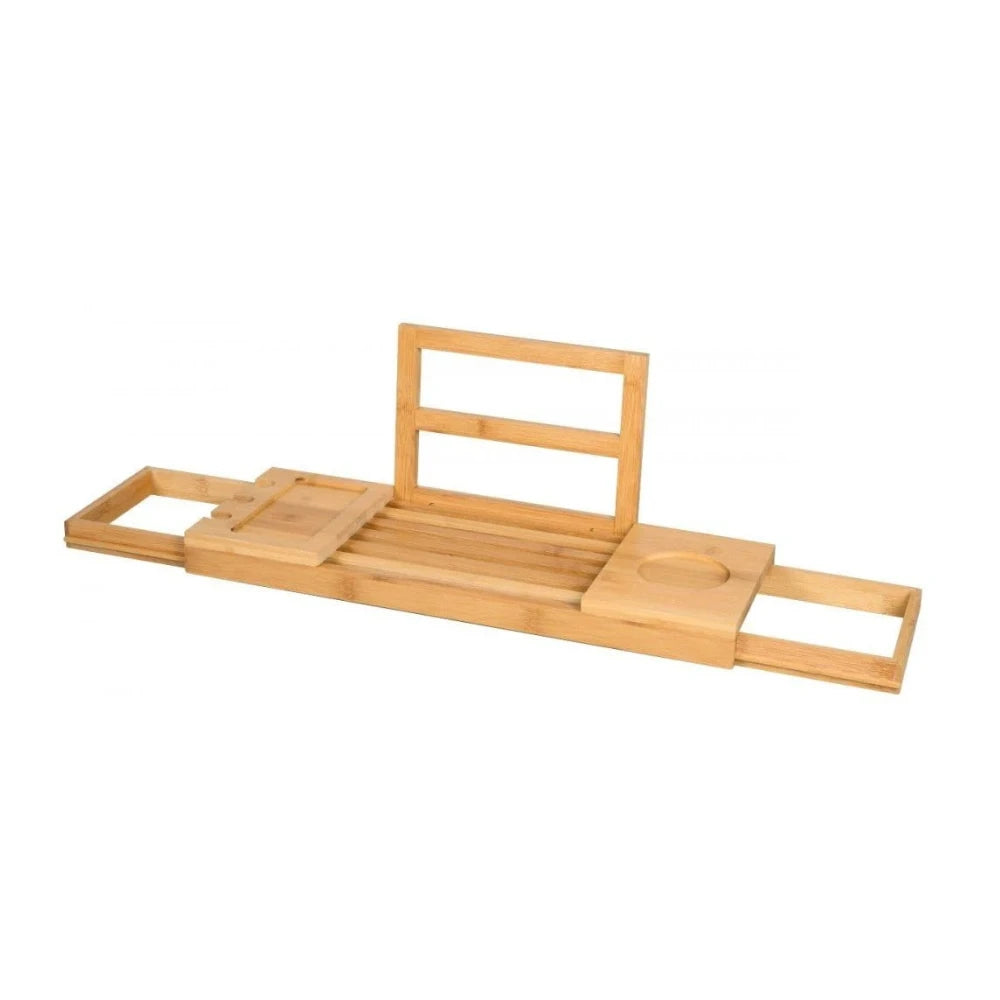 Plateau de baignoire ajustable Alpina - Plateau de rangement 50-92 x 18 x 4 cm - Meuble de salle de bain en bambou avec porte-livres et support pour tablette - Porte-gobelet inclus - Accessoires de salle de bain