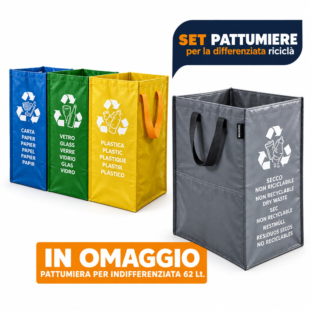 Poubelles ouvertes pour l'intérieur et l'extérieur, poubelles colorées, conteneurs à déchets, recyclage, papier, verre, plastique + poubelle non recyclable de 62 L offerte