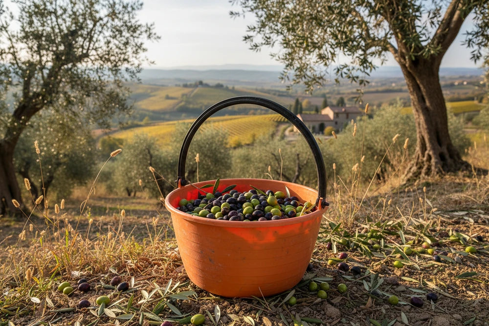 Resistant Plastic Agricultural Basket with Rounded Handle, Assorted Colors: Yellow Ochre/Venetian Red/Light Blue/Acid Green, 35x35x20, Made in Italy
