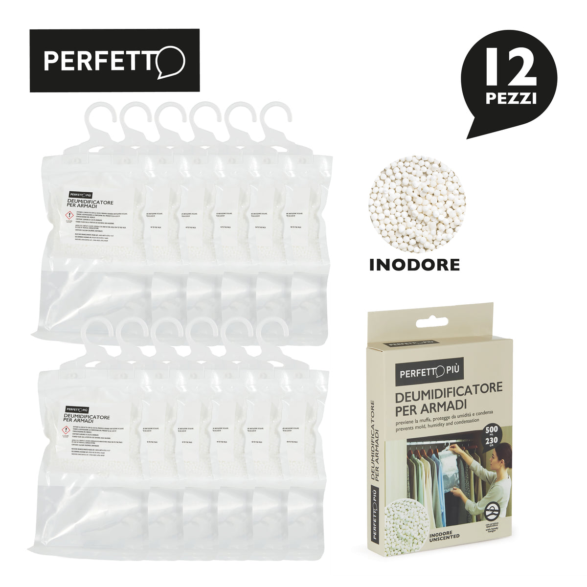 Deumidificatore per Armadio con Appendino | 12 Pz × 230g – Neutro, Jasmine, Muschio Bianco
