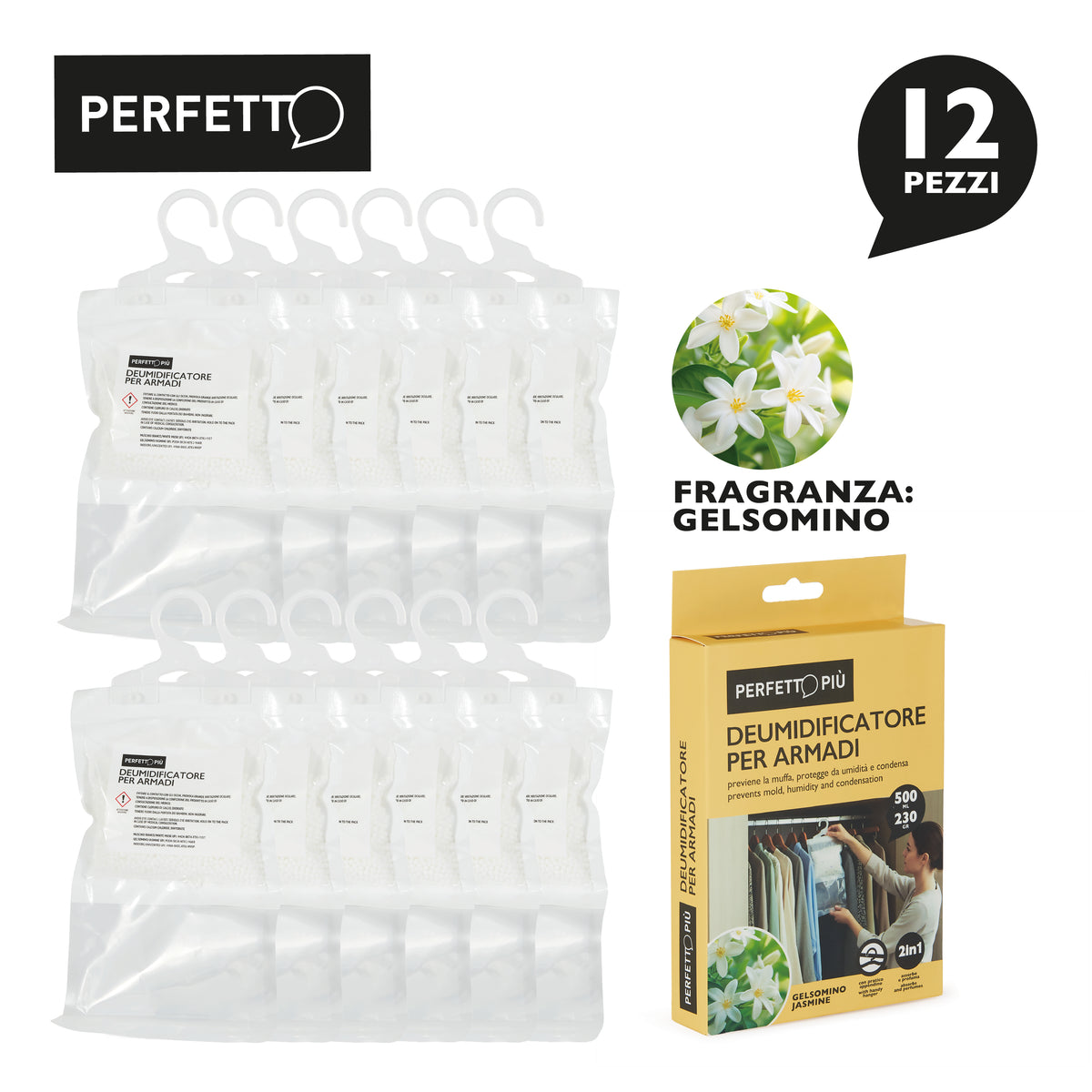 Deumidificatore per Armadio con Appendino | 12 Pz × 230g – Neutro, Jasmine, Muschio Bianco