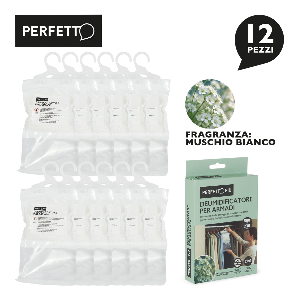 Deumidificatore per Armadio con Appendino | 12 Pz × 230g – Neutro, Jasmine, Muschio Bianco