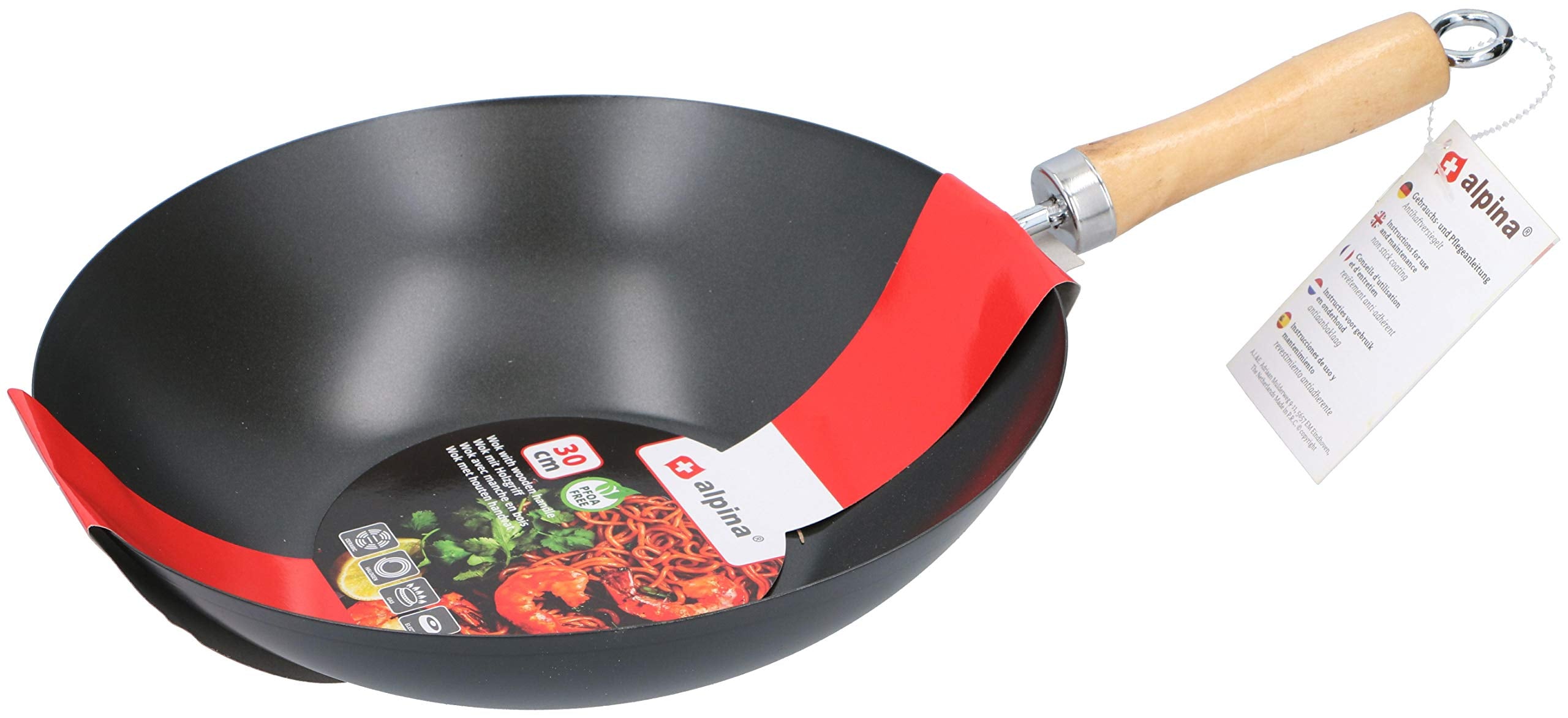 Padella wok in stile asiatico, con rivestimento antiaderente, 30 cm