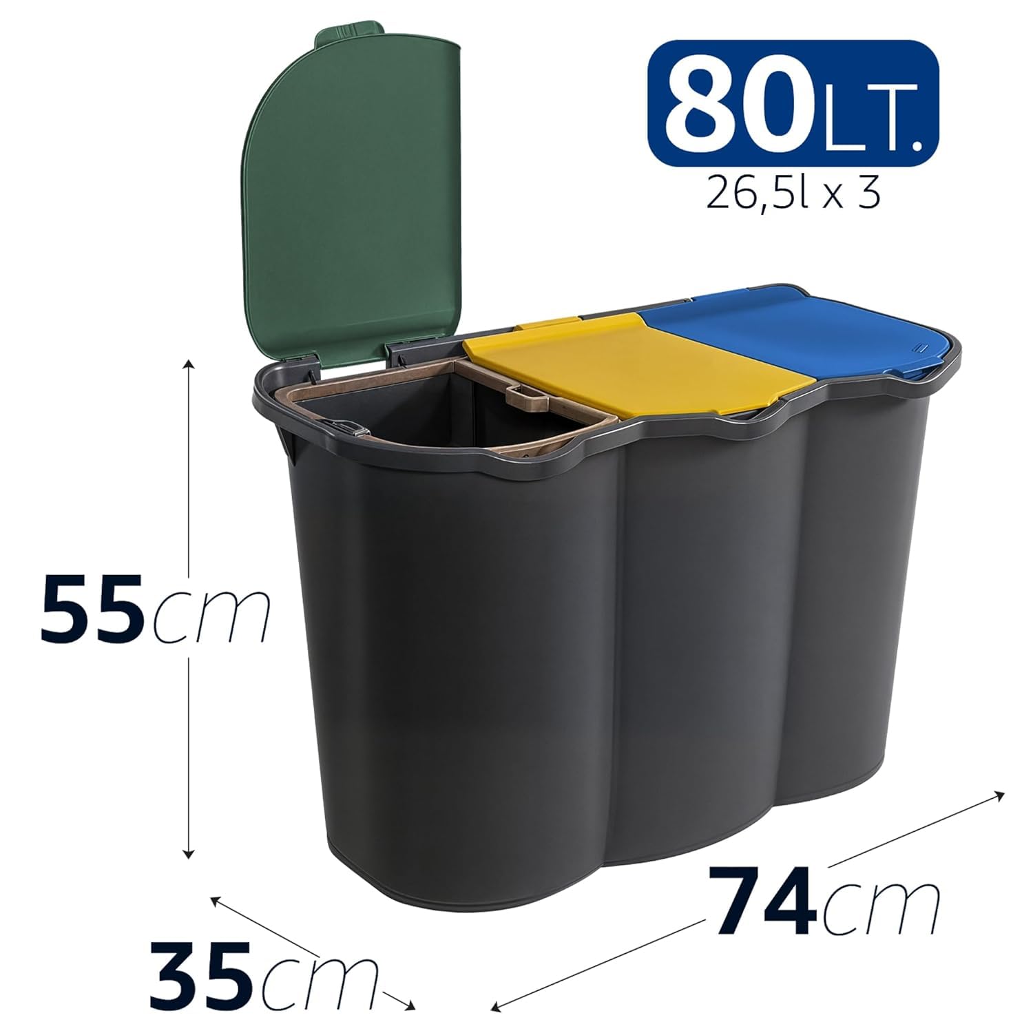 Poubelle de tri sélectif à 3 compartiments de 80 L - Poubelle en plastique multicolore