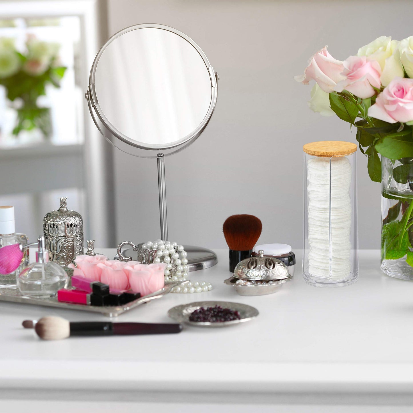 Set da 2 Dispenser per Dischetti di Cotone, Acrilico, Cilindrico, con Coperchio, Bagno, 20x7cm, Vari Colori