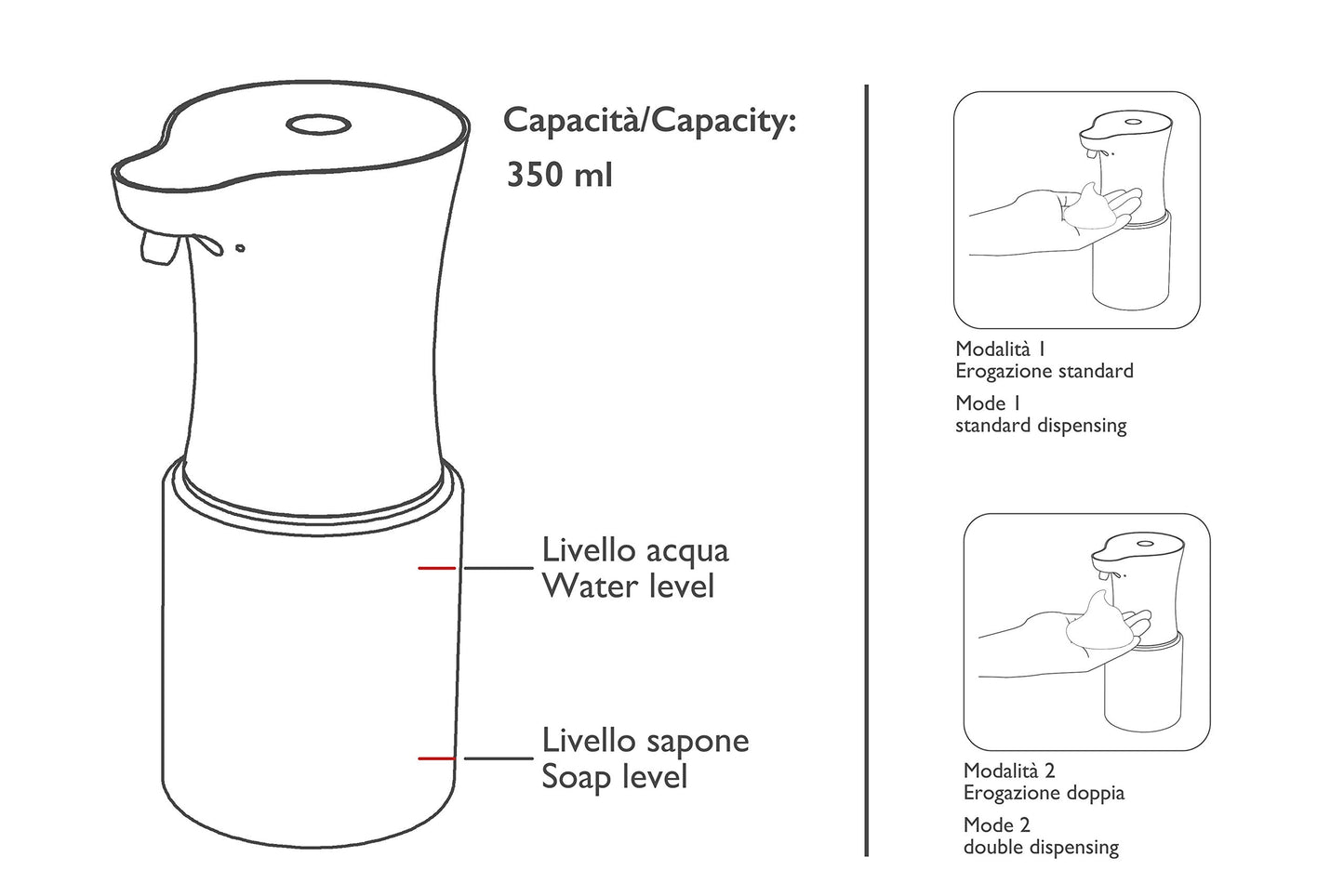 DOSASCHIUMA dispenser per sapone 350 ml CON SENSORE AUTOMATICO.