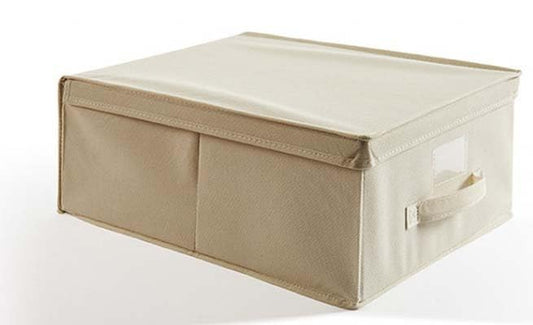 Lot de 3 boîtes de rangement avec couvercles, pliables et munies de poignées, idéales pour ranger vêtements et jouets. En tissu non tissé, elles sont disponibles en plusieurs tailles et couleurs.