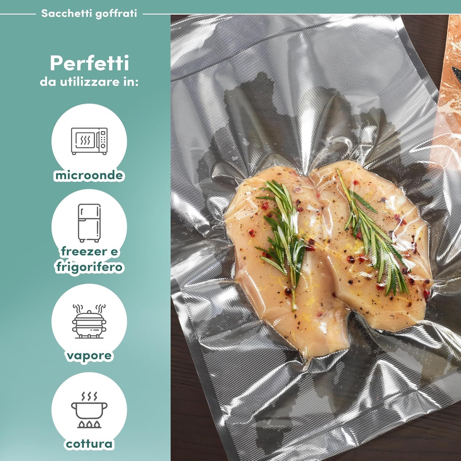 100 Pz. Buste sottovuoto alimenti sacchetti goffrati Riutilizzabili- Per Congelatore, Frigorifero, Scongelamento in Microonde, Bollitura, Cottura Sottovuoto in Forno o A Vapore.