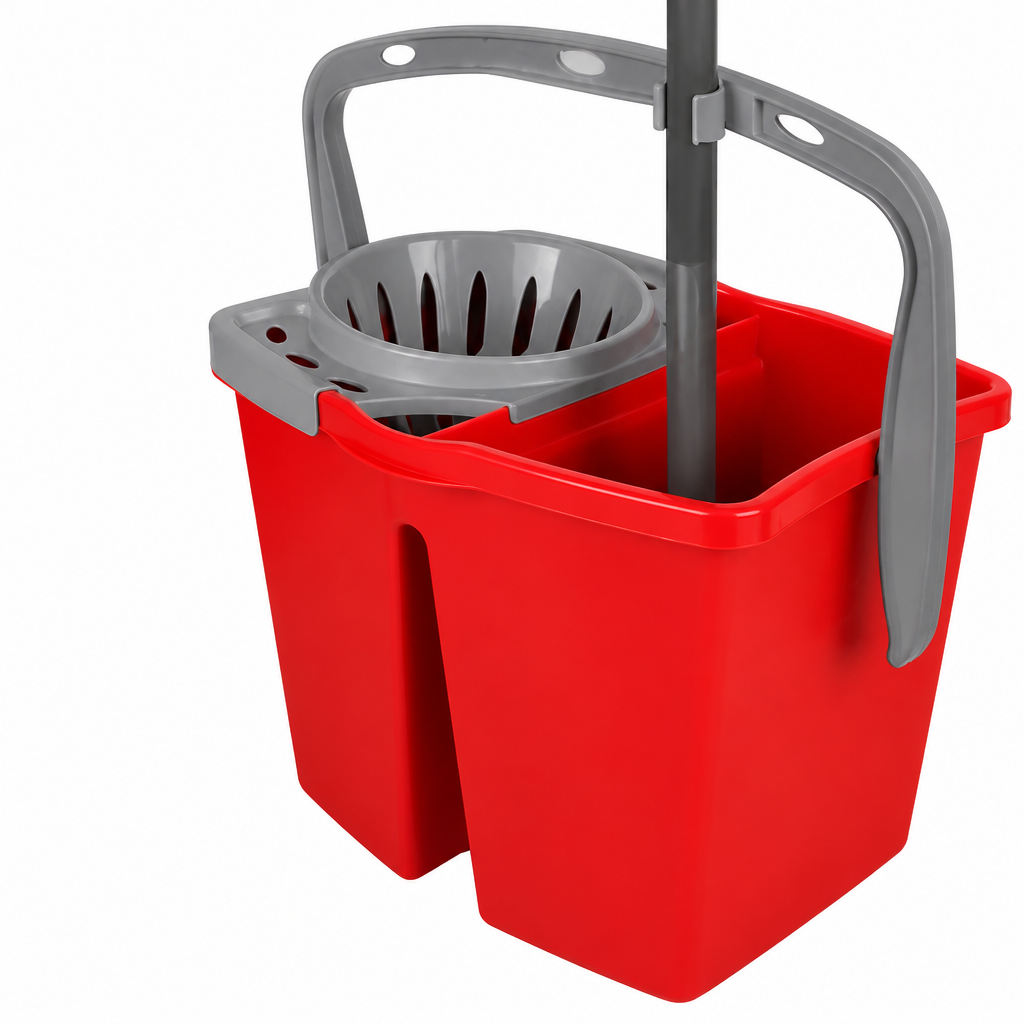 Double-basin bucket with 14-litre wringer. 2 x 7-litre tubs.