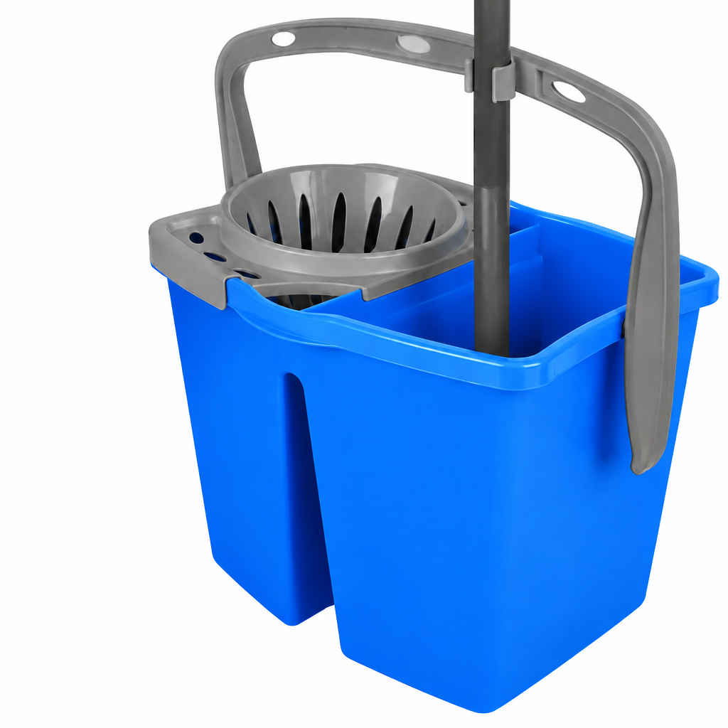 Double-basin bucket with 14-litre wringer. 2 x 7-litre tubs.