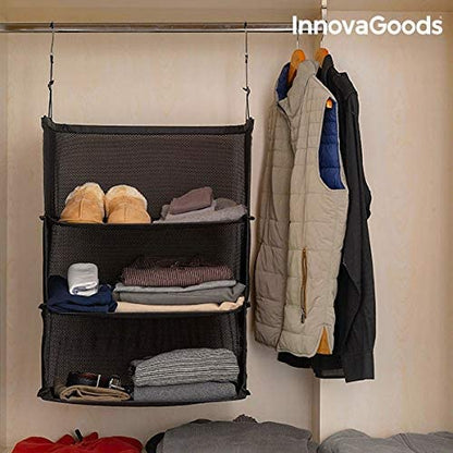 Scaffale pieghevole organizer per valigie, organizza i tuoi bagagli in modo comodo ed efficiente, con 3 scaffali, colore nero, materiale in poliestere, ideale per i viaggi.
